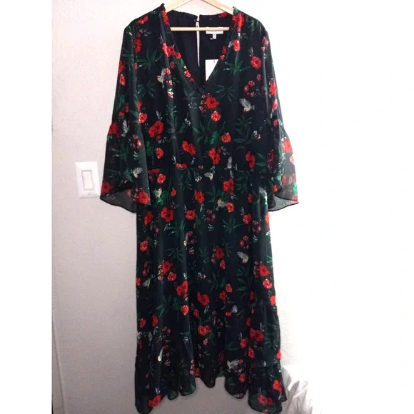 gibson latimer maxi dress Gibson Latimer Dresses | Gibson Latimer Chiffon Floral Long Sleeve Red Green Black Size Xxl Maxi Dress | Color: Black/Red | Size: Xxl